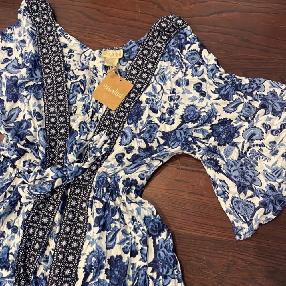 NALINI Swim Coverup Top Robe Kimono Rayon Blue White Floral Tie One Size Medium